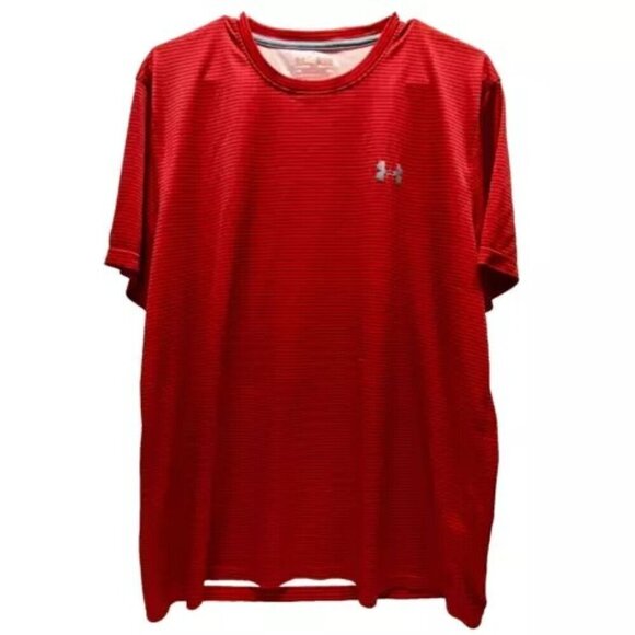 Under Armour Heatgear Loose Fit Mens Large Red Gray Stripe Short Sleeve Tech Tee - Picture 1 of 11